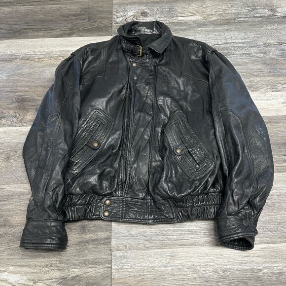 Vintage 70s 80s Creazioni Pelle Black Mens M Full Zip Biker Leather Jacket‎ - Picture 1 of 10